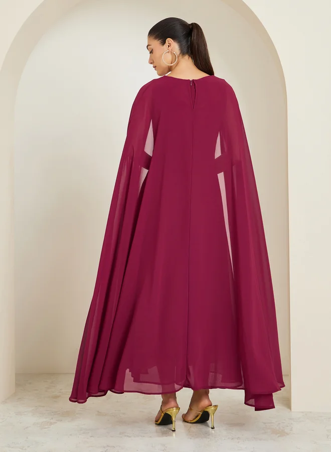Styli  Red Cape Sleeve A-Line Maxi Dress for Women | Best Price UAE